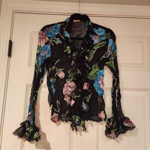 Issue 100% silk sheer black floral button up blouse S